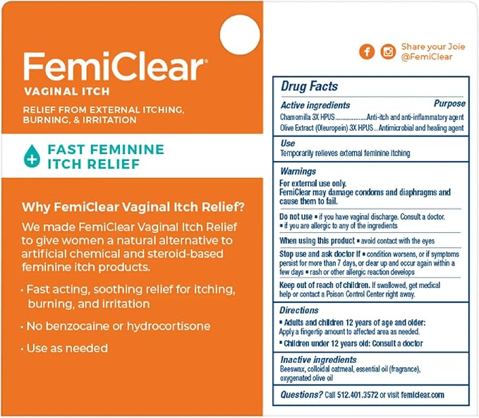 FemiClear Vulva Itch Relief Ointment, Fast-Acting, 0.5 Oz | Soothing Relief for Vaginal Itching, Burning, Irritation, Discomfort, Steroid-Free Care, All-Natural & Organic Ingredients