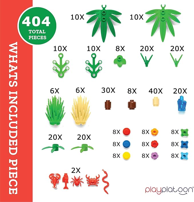 Play Platoon 404 Piece Jungle Building Bricks Kit- Botanical Forest Building Block Compatible with Major Brand Accessories Set with Plants, Trees, Bushes, Trees, Flowers. Forest Scenery
