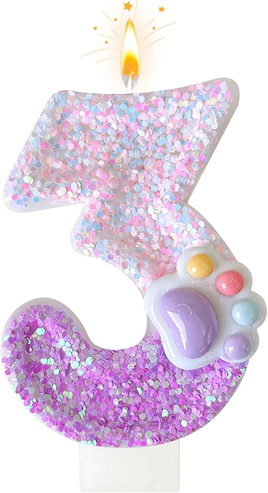 Pink Cat and Dog Paw Birthday Number Candles, Cupcake Decorations, Dog Theme Candles, Suitable for Party Celebrations, Birthday Decoration Supplies (Number 3)