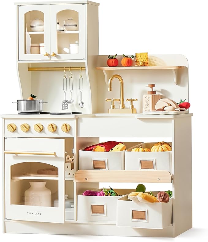 Tiny Land Play Kitchen for Kids, Wooden Toy Kitchen Set with Storage & Accessories, Toddler Kitchen Playset with Stove & Sink, Kids Kitchen Playset Gift for Ages 3-8
