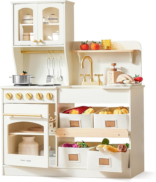 Tiny Land Play Kitchen for Kids, Wooden Toy Kitchen Set with Storage & Accessories, Toddler Kitchen Playset with Stove & Sink, Kids Kitchen Playset Gift for Ages 3-8