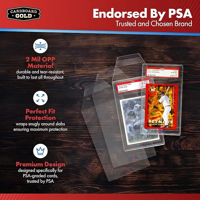 Cardboard Gold PSA Graded Card Sleeves – 50 Count with PSA Logo, Resealable Slabs Sleeve - Precise Fit Slab Protector for Grading Baseball Football Gaming Trading Sports Cards