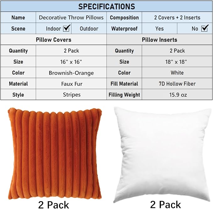 Decorative Throw Pillow with Inserts, Set of 2 Soft Faux Fur Throw Pillows, Square Boho Striped Pillow for Couch, Bed, Sofa Decor (Brownish-Orange, 16" x 16"(Pack of 2))