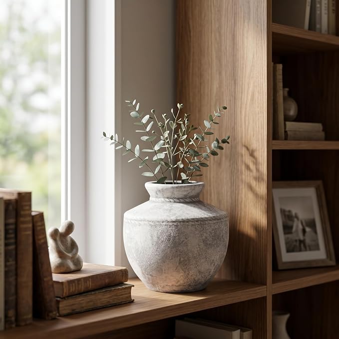 Rustic Farmhouse Vase 6 Inch Small Ceramic Flower Vases Decorative Vintage Pottery Vase for Home Decor Living Room Kitchen Coffee Table Bedroom Shelf Centerpiece