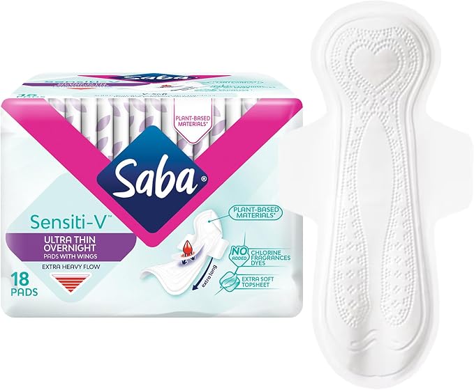 SABA Sensiti-V Ultrathin Overnight Pads with Wings, Heavy Flow Protection, 2-Pack of 18 Pads (36 Count)