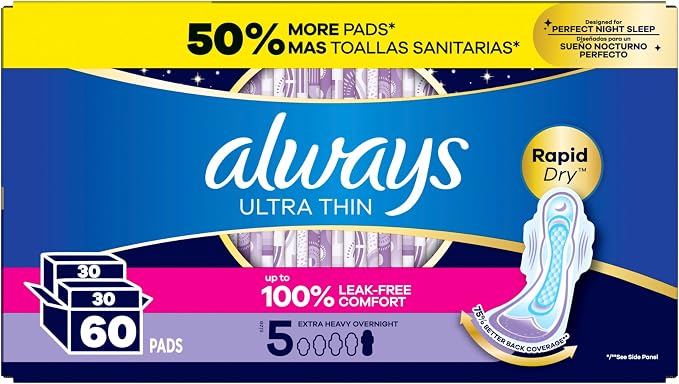 Always Ultra Thin Feminine Pads with Wings for Women, Size 5, Extra Heavy Overnight Absorbency, Unscented, Up to 100% Leak-Free Comfort, 60 Count