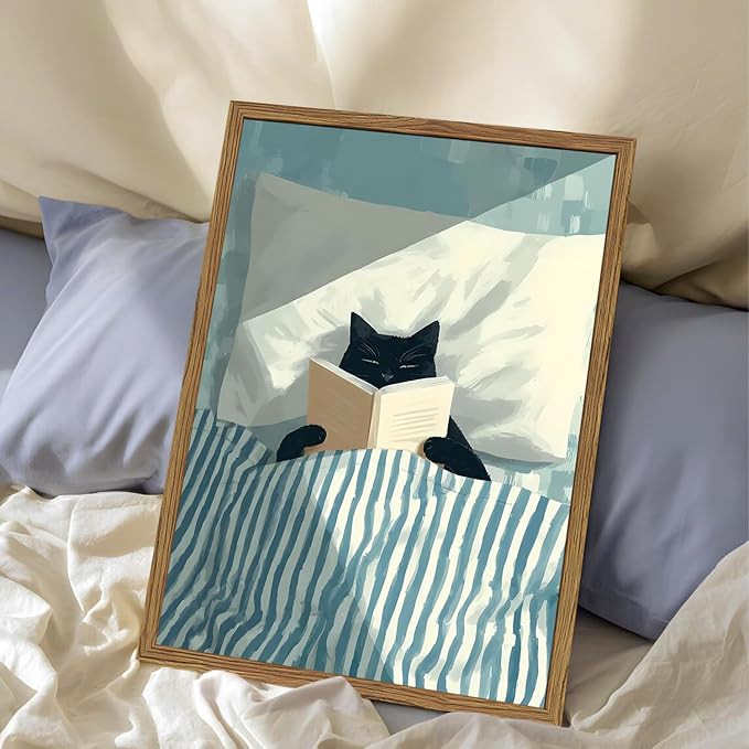 Framed Funny Black Cat Wall Art, Whimsical Cat in Stripe Bed Reading Wall Decor Painting Cute Animal Book Lover Poster Canvas Print for Bedroom Living Room 16x24 inch Wood Framed