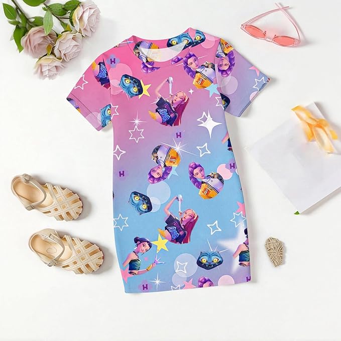 Girl's Anime K-POP Graphic Long Dress T-Shirt - Casual Loose Fit Short Sleeve Top