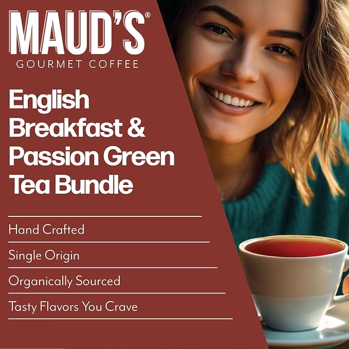 Maud's Organic Passion Green Tea & Organic English Breakfast Black Tea Bundle, 48 ct, Single Serve Pods – 100% Gourmet Blended Tea Leaves, Compatible with Keurig K Cups Maker