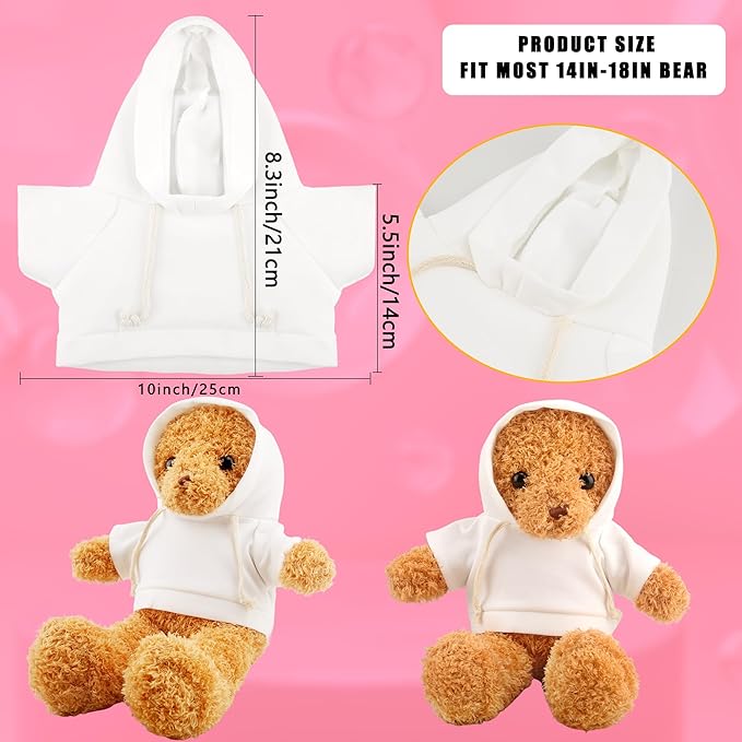 15 Pack Stuffed Bear White Hoodie Bulk Sublimation Blank Teddy Bear Toy Shirts Stuffed Animal White Basic Clothes Hoodie for 15 Inch Stuffed Bears Dolls DIY