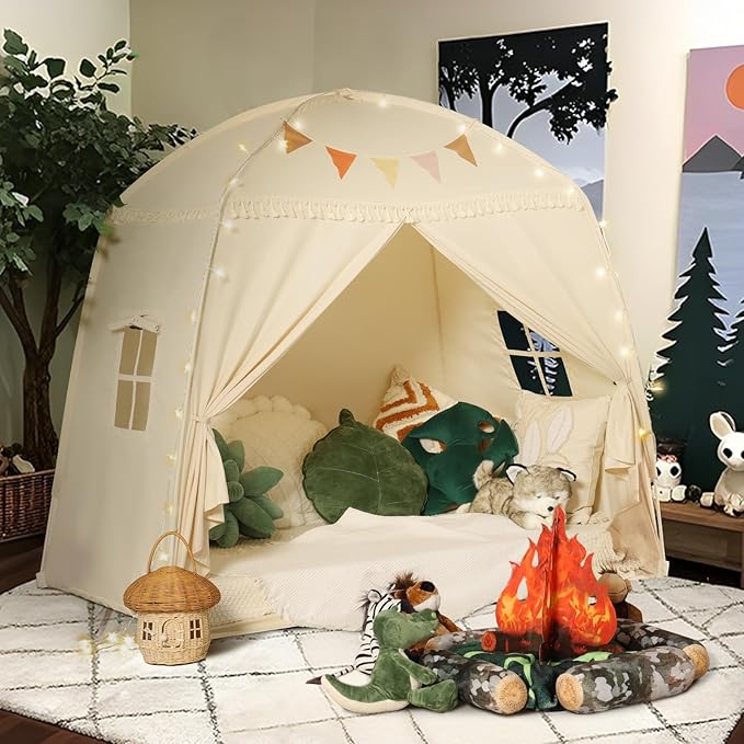Sumbababy Large Teepee Tent for Kids: with Star Lights & Flags - Tent for Kids Indoor Kids Teepee for Boys & Girls - Playhouse Inside Canopy Bed for Playroom Gift Toys (Cream)
