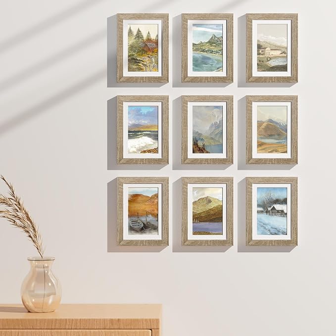 Vittanly 5x7 Picture Frames Set of 9 for Wall Mount & Tabletop, Light Wood | Display Pictures 4x6 with Mat or 5x7 without Mat, Small Photo Frames, Engineered Wood with Shatter Resistant Plexiglass