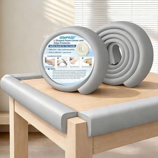 ZOMPAGO Baby Edge Protector 2 Roll (13FT) Corner Guards - Grey Foam Furniture Corner Protectors - Baby Proof Corners and Edges for Table, Wall, Bed Frame - Baby Proofing Safety Bumpers