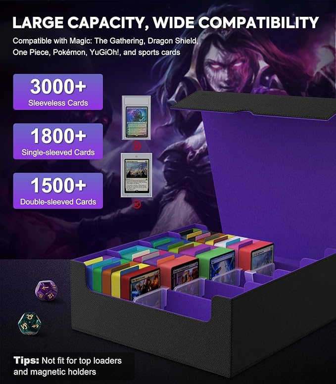 MoKo Trading Card Storage Box, 3000+ MTG Deck Box with 24 Colorful Dividers & 4 Card Supporters, Commander Card Deck Case Fits for Magic Game Cards, YugiOh, TCG, PTG and Sport Cards, Black Purple