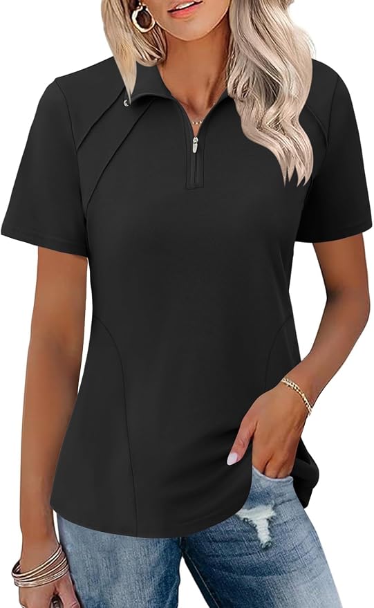 LOMON Womens Golf Polo Shirt Summer Short Sleeve Quarter Zip Outfit | Side-Pockets,Princess Seams,Cotton,Wrinkle Free,Moisture Wicking,Quick-Dry,Lightweight,Collared,for Tennis Workout
