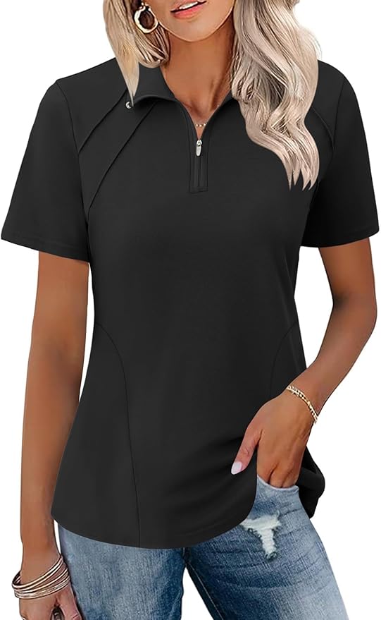 LOMON Womens Golf Polo Shirt Summer Short Sleeve Quarter Zip Outfit | Side-Pockets,Princess Seams,Cotton,Wrinkle Free,Moisture Wicking,Quick-Dry,Lightweight,Collared,for Tennis Workout
