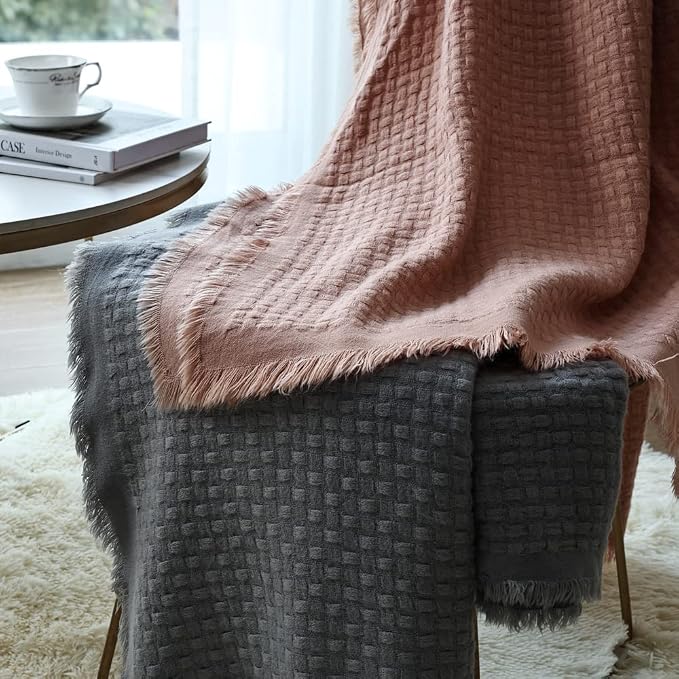 CREVENT Farmhouse Waffle Knit Throw Blanket for Couch Sofa Chair Bed Home Decoration, Soft Warm Cozy Light Weight for Spring Summer Fall (50''X60'' Light Grey)