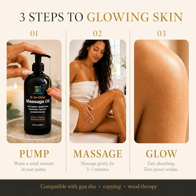 5-in-1 Lymphatic Drainage Massage Oil for Massage Therapy - Helps Smooth The Appearance of Cellulite & Improve Skin Texture- Post Surgery Recovery & Lipo, BBL, Tummy Tuck, Fibrosis Treatment -8.5Oz