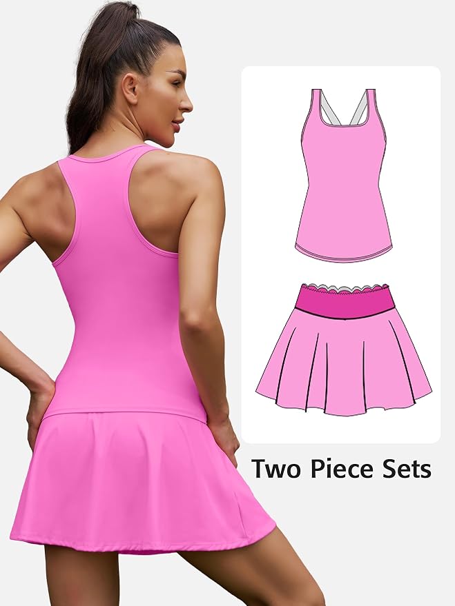 ATTRACO Tennis Outfits for Women Racerback Golf Dress Workout Dress | Athletic Skirt Set, Built-in Shorts, 2 Pockets, Scalloped, Racerback, High Waisted, Pickleball, Workout Set