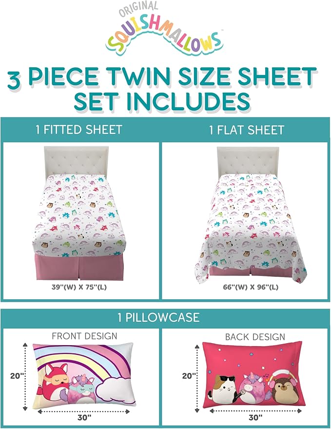 Franco Squishmallows Bedding Super Soft Microfiber Sheet Set,3 pcs, Twin