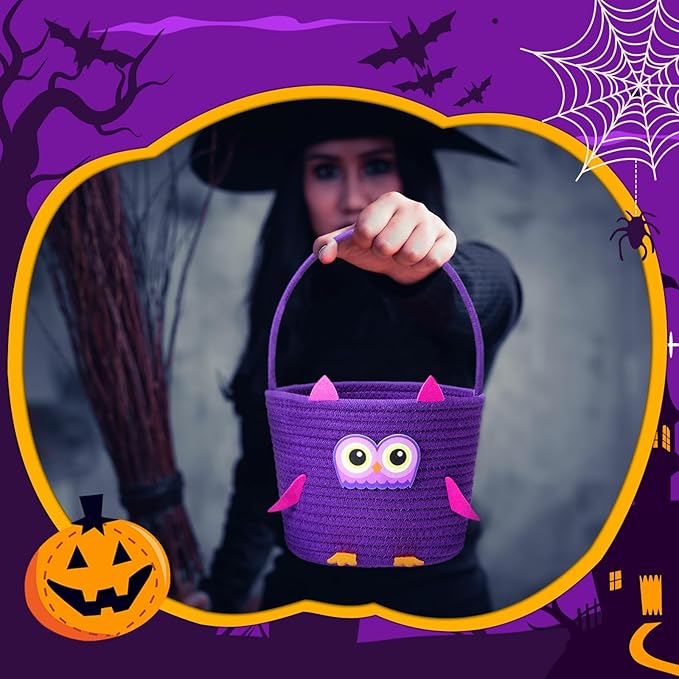 Halloween Basket with Handle Cute Bucket Cotton Rope Woven Candy Server Bag Pumpkin Witch Cat Pig Storage Basket for Halloween Party Favor(Owl,Purple,1 Pack)