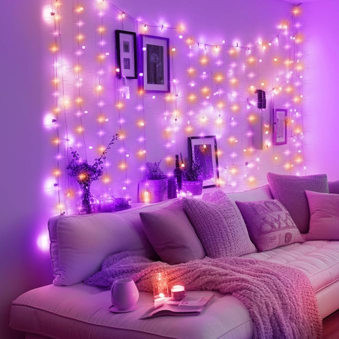 Minetom Curtain Lights, 300 LED Dimmable Fairy Lights with Remote and Timer, 8 Modes, USB Powered String Lights for Room Wall Party Xmas Indoor Decor, Purple & Orange