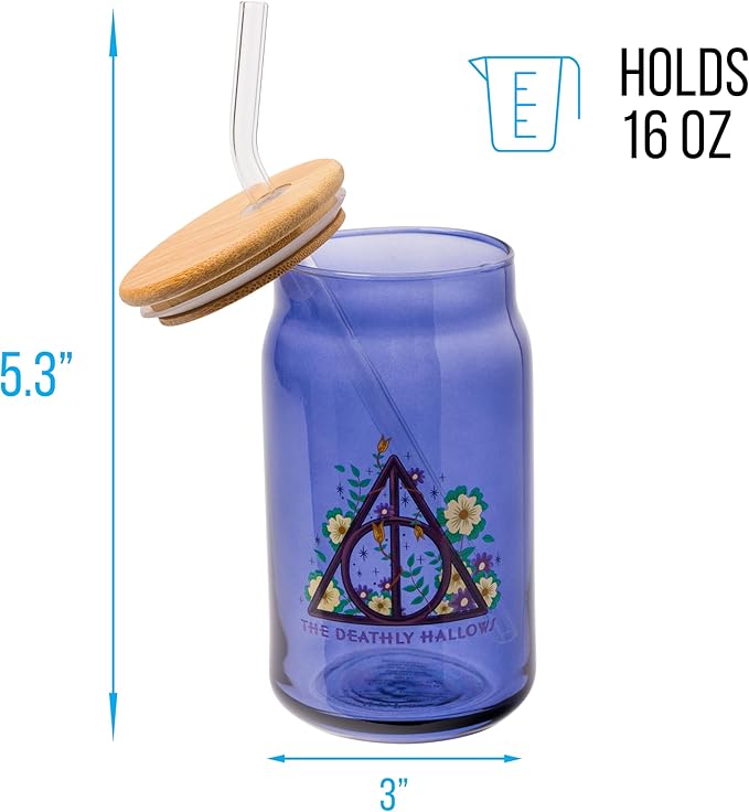 Silver Buffalo Harry Potter The Deathly Hallows Glass Tumbler with Bamboo Lid and Glass Straw, 16 Ounces