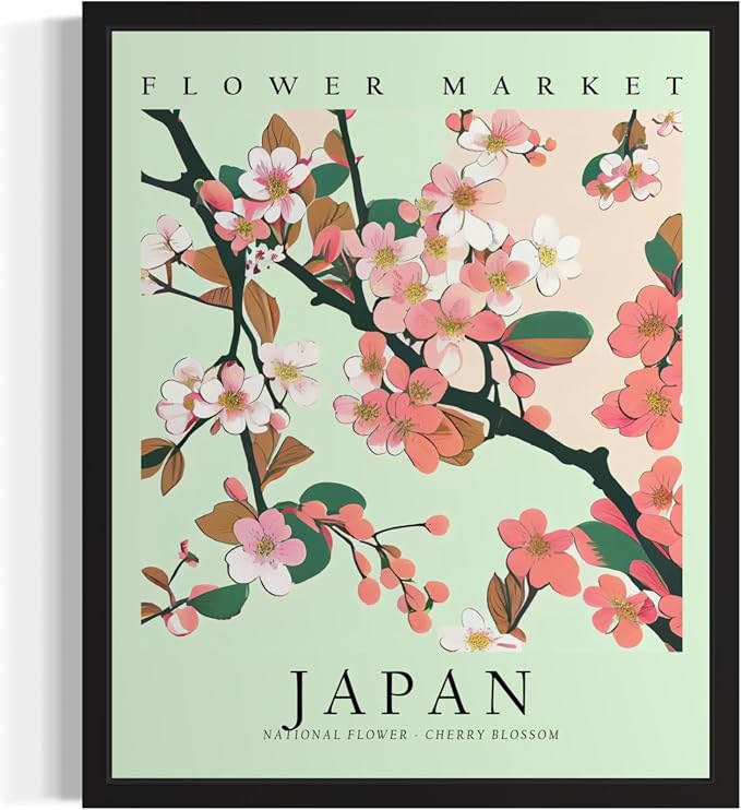 Japan, Cherry Blossom Art Print Poster, Flower Market Wall Art, Floral Artwork Decor for Bedroom, Kitchen, Bathroom, Livingroom Decoration 52 (Japan, Cherry Blossom, 24"L x 18"W, Black Frame)