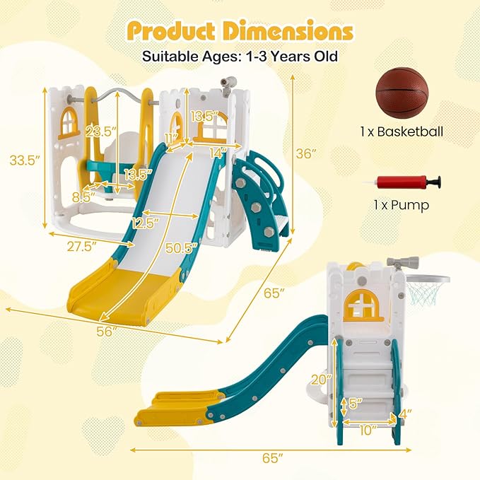 Costzon 7 in 1 Toddle Swing and Slide Set, Freestanding Toddler Slide Playset w/Swing, Basketball Hoop, Kids Slide for Toddler Age 1-3 Playground w/Storage Space, Gifts for Boys Girls (Yellow)