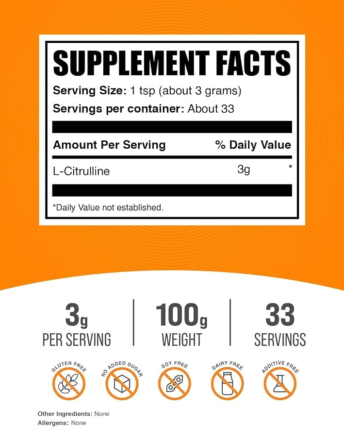 BulkSupplements.com L-Citrulline Powder - Citrulline Supplement, Nitric Oxide Supplement - Unflavored & Gluten Free - 3g per Servings, 100g (3.5 oz) (Pack of 1)