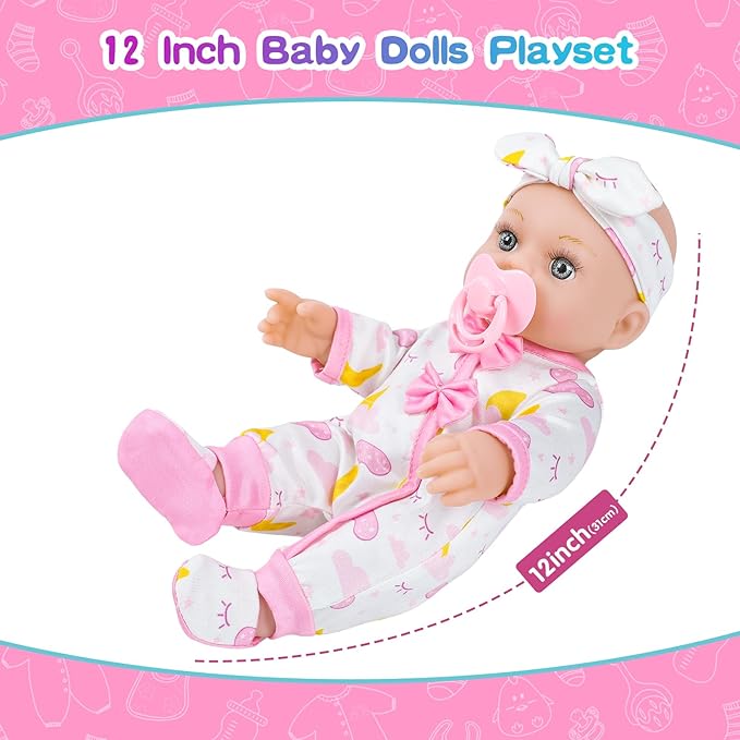 12 Inch Baby Doll Crib Playset with Dolls Clothes and Accessories Including Soft Sleep Bassinet Bed, Bottles, Nipple, Eye Mask, Slippers, Blanket, Pillow, Gift Idea for Ages 3+
