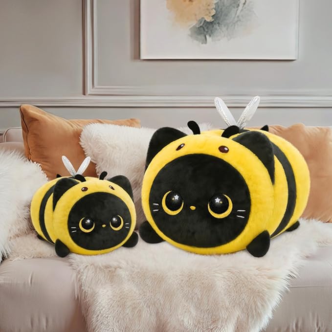 Mewaii Cute Black Cat Bee Plush Pillow, Kawaii Plushies Bee Stuffed Animal Toy, Kitten Plushies with Honeybee Outfit Costume, Soft Squishy Birthday Gifts for Kids & Girls (16 Inch)
