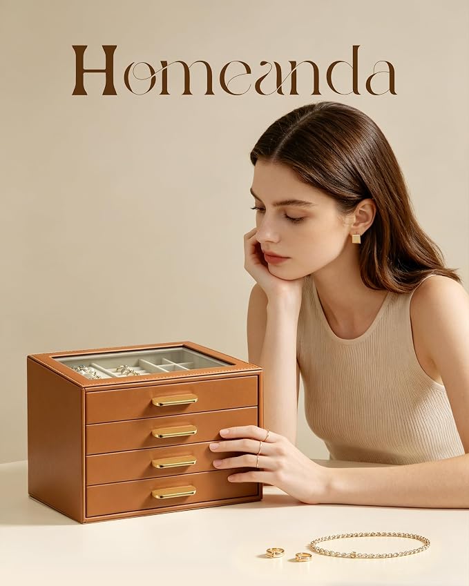 Homeanda Jewelry Boxes Organizer with Glass Lid, 4-Layer PU Leather, Brown | Modern style display case with 4 drawers for daily jewelry, women, mom or girl gift