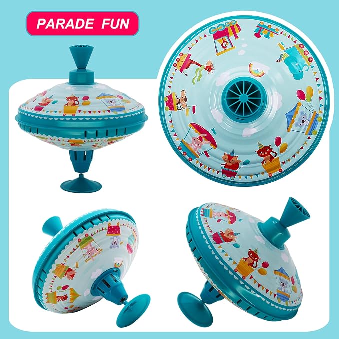 Humming Top Tin Spinning Top for Baby 18 Months and up, Classic Retro Toys for Toddler, Pump Spinner with Base, Parade Fun 7.9” Large Size