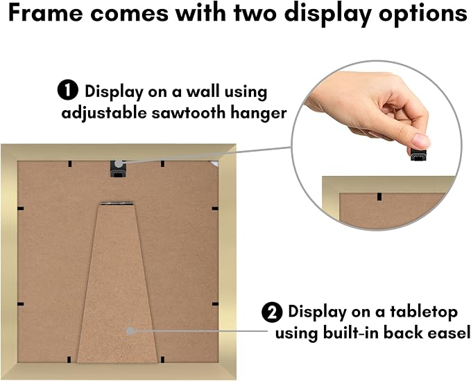 Americanflat 8x8 Picture Frame - Matted to 4x4 - Engineered Wood - Gold | Shatter-resistant glass, wall or tabletop display with included easel, sawtooth hangers included, use with or without mat