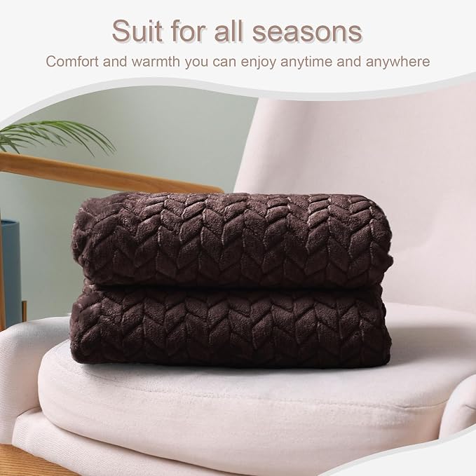 Exclusivo Mezcla Fleece Throw Blanket for Couch Sofa, 50”x70”, Coffee | Oversized Soft Cozy Fluffy Blankets for Summer, Decorative Plush Flannel Throws for Living room, Bedroom with Leaves Pattern