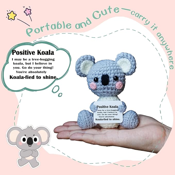 Koala Gifts, Crochet Positive Support Koala– Handmade Emotional Cheer Support Funny Gifts for Friend Coworker Birthday Christmas Stocking Stuffer White Elephant Under 10 Dollars