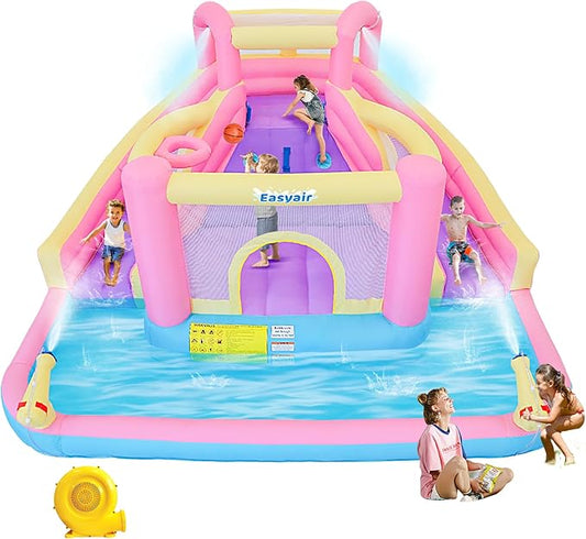 Inflatable Water Slide Bounce House for Kids, 12.1 FT x 10.3 FT Small Water Park Bouncy Castle, Double Slides, Jumper, Climbing Wall, Basketball Hoops, Included Blower