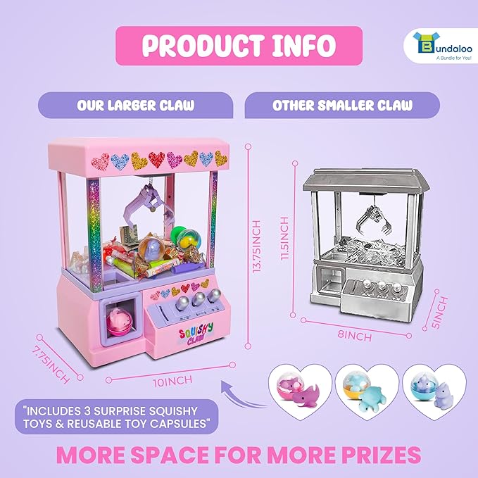 Bundaloo Squishy Claw Machine Arcade Game Candy Grabber Prize Dispenser with 3 Squishy Toys and Reusable Capsules