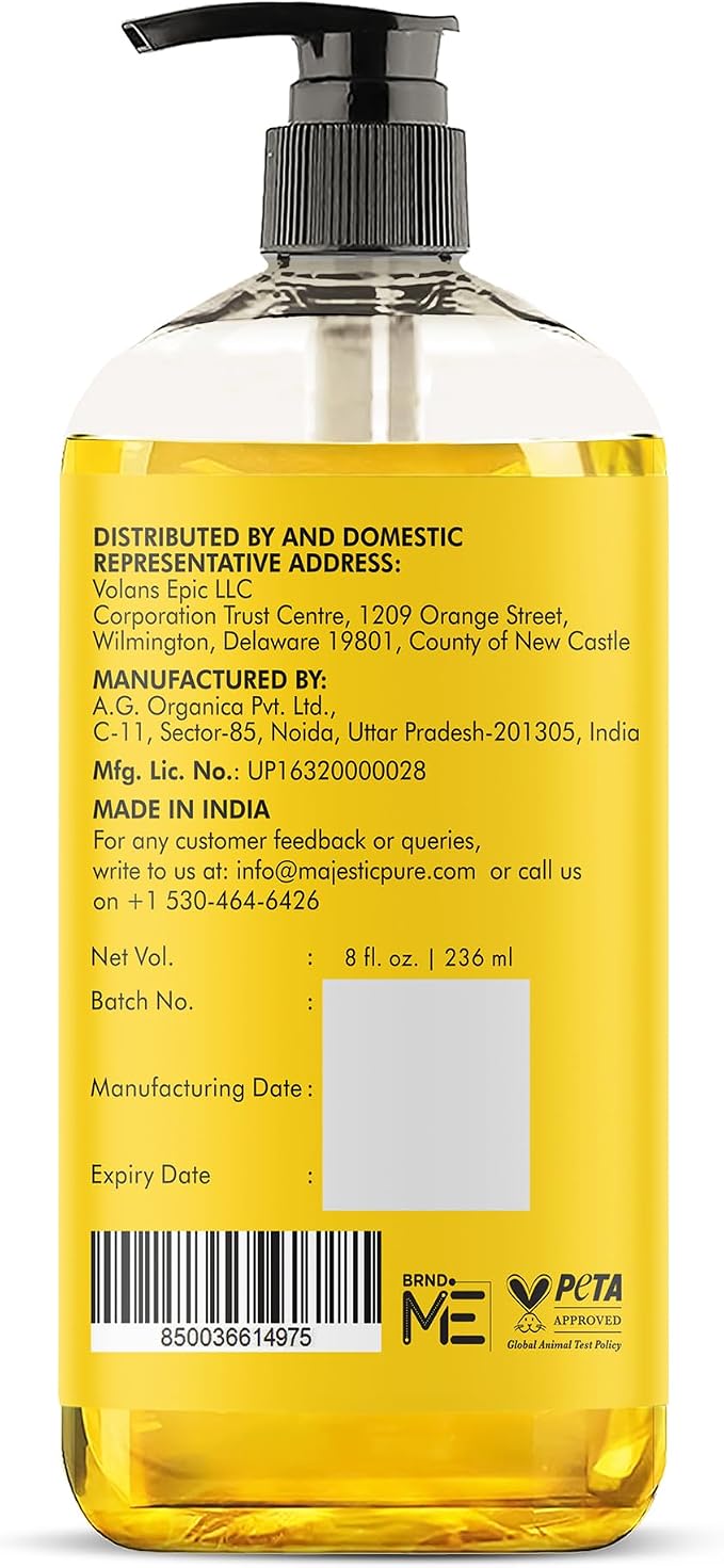 Majestic Pure Oil - 100% Pure and Natural- Cold Pressed & Hexane Free Natural Hair Growth Oil for Eyelashes, Eyebrows, Skin, Body, Face, Nails & Scalp - Vitamin E Oil 8 Fl Oz