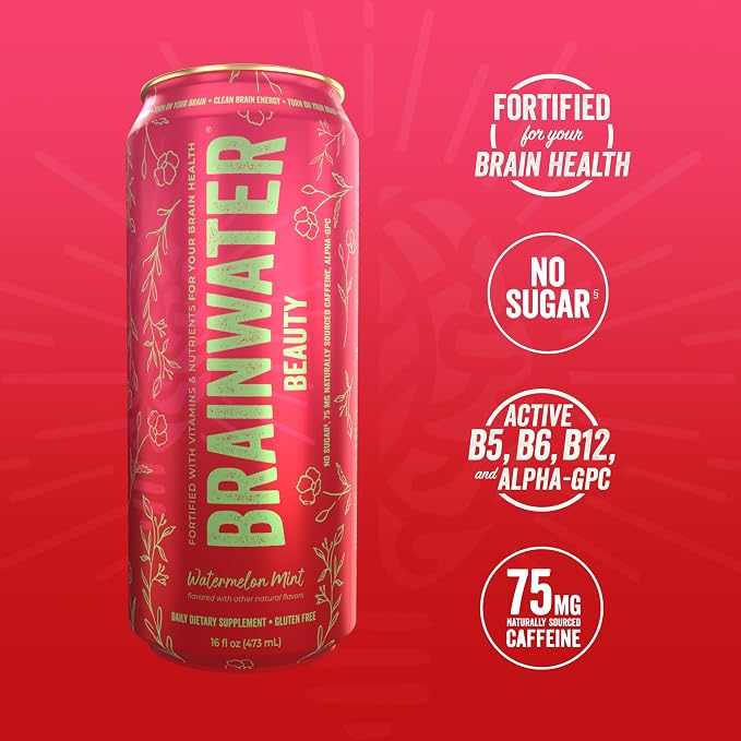 BrainJuice BrainWater Calm, Water for Clean Energy, Focus & Relaxation Support, Gluten Free, Zero Sugar Drinks with Ashwagandha, Alpha GPC, Vitamin C & B, Organic Green Tea, 8 Pack (Watermelon Mint)