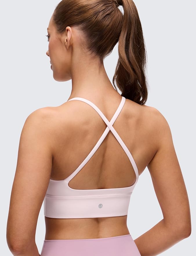 CRZ YOGA Butterluxe Thin Straps Cross Back Longline Sports Bras for Women - Padded V Neck Yoga Crop Top