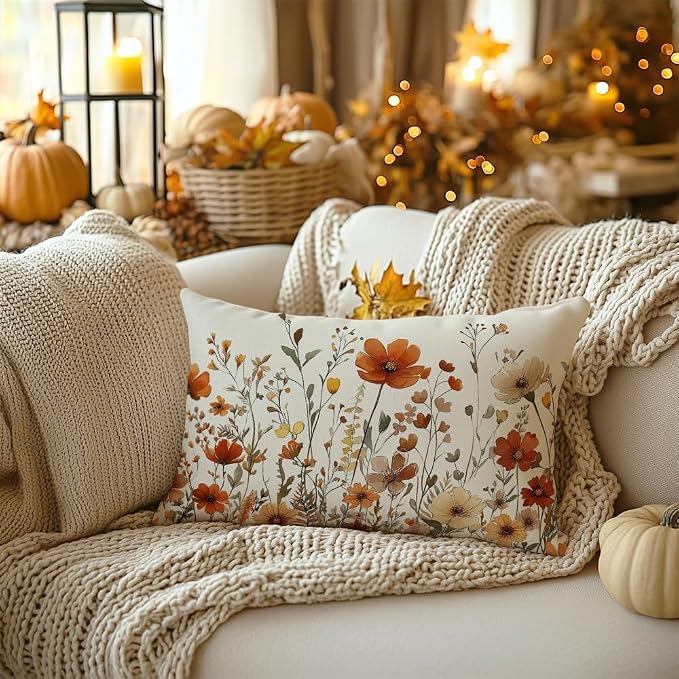 AACORS Fall Floral Pillow Cover 12x20 Inch, Autumn Seasonal Sofa Decor