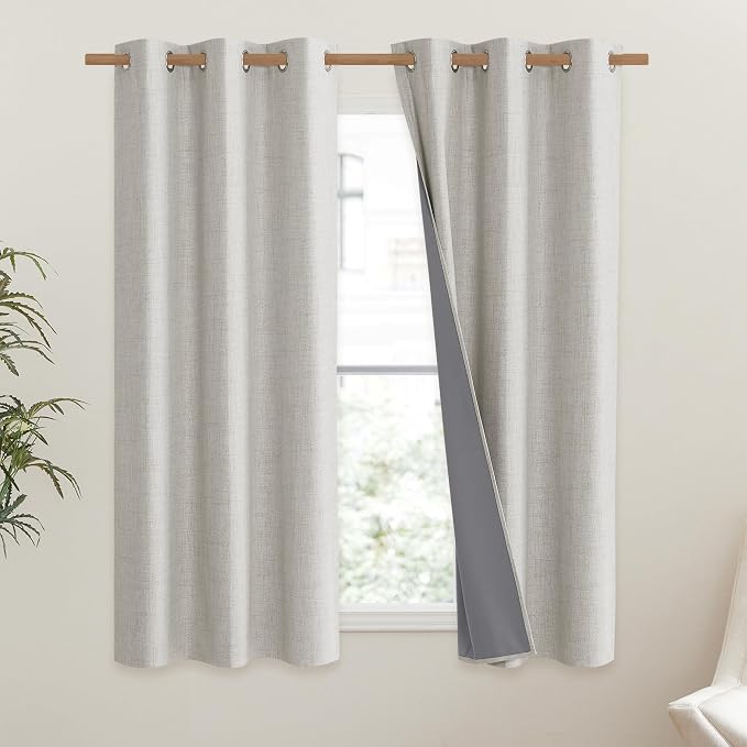 NICETOWN Snowbound Vintage Linen 100% Blackout Curtains for Dining Room, Thermal Insulated Curtains 45" Long, Noise Reducing Window Treatment Drapes for Kitchen, 42" Wide Per Panel, Set of 2