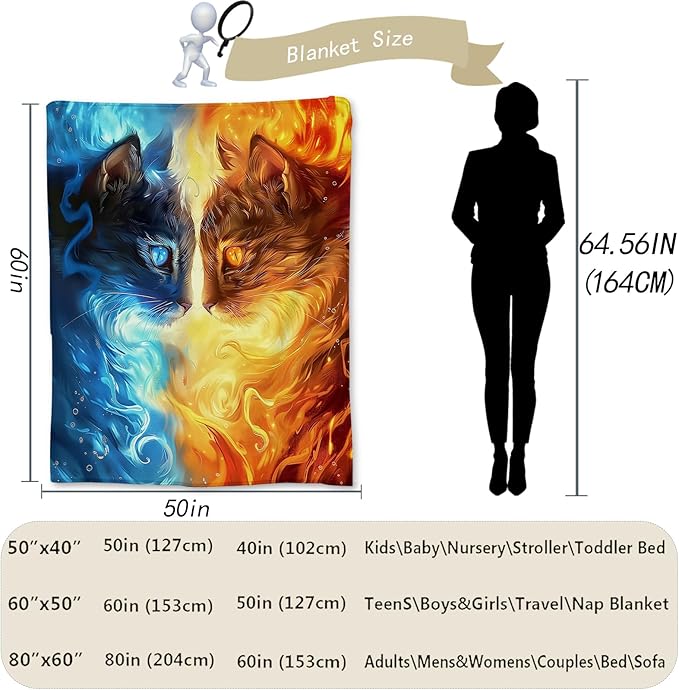 Water & Fire Cat Blanket, Soft Warm Lightweight Flannel Throw Blanket for Couch, Bed, Travel & Outdoor, Cozy Fluffy Fuzzy Blankets for Women Men, Home Decor 60×50 in