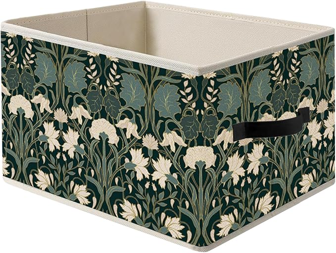 Vintage Art Deco Dark Green Floral Storage Bin Box with Handles, William Morris Inspired Flower Foldable Organizer Basket Toybox for Home Bedroom Bathroom Clothes Toys Books