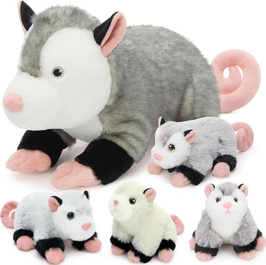 Tezituor 5Pcs Opossum Stuffed Animals Set, 24 Inch Large Mommy Stuffed Opossum Plush with 4 Cute Babies Toy, Realistic Possum Plush Pillow for Girls Boys