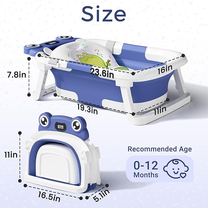 BUNWAG Baby Bathtub, Collapsible Newborn Bathtub for Infant to Toddler with Soft Cushion and Thermometer, Travel Newborn Tub with No-Slip Feet, Baby Shower Gifts, 0-12 Months Baby Bath, Navy Blue