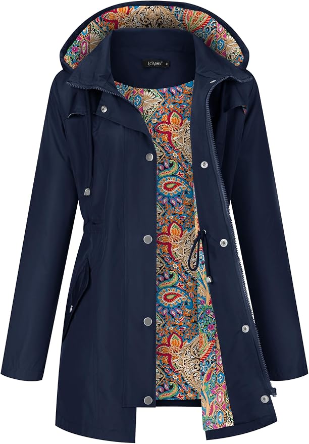 LOMON Women Waterproof Outdoor Hiking Raincoat Women Lined Rain Jacket Lightweight Hooded Jackets Trench Coats