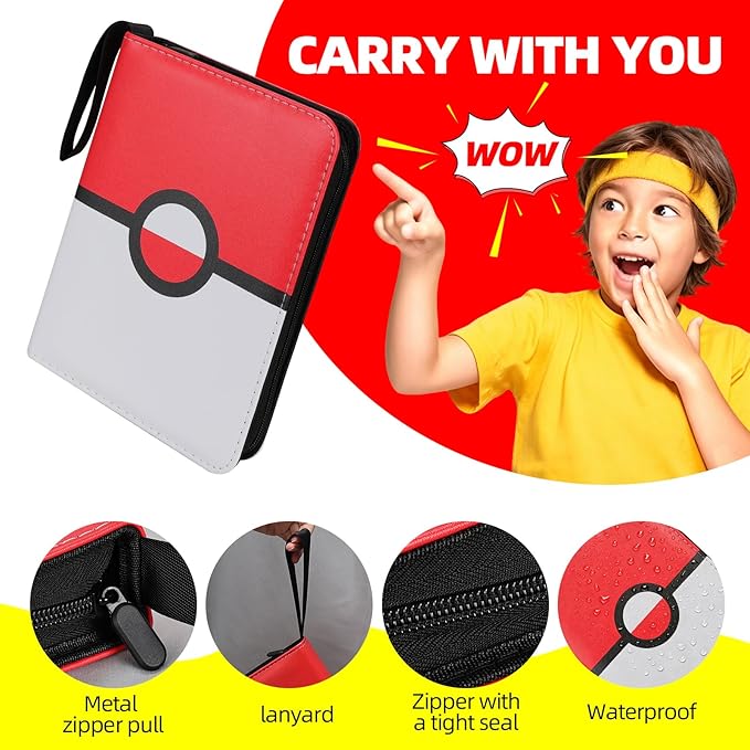Collectible Trading Card Albums,4 Pocket Card Binder, 400 Double Sided Pocket,PU Premium Zip Trading Card Binder for TCG, MTG,Sports Cards (White& Yellow& Red)